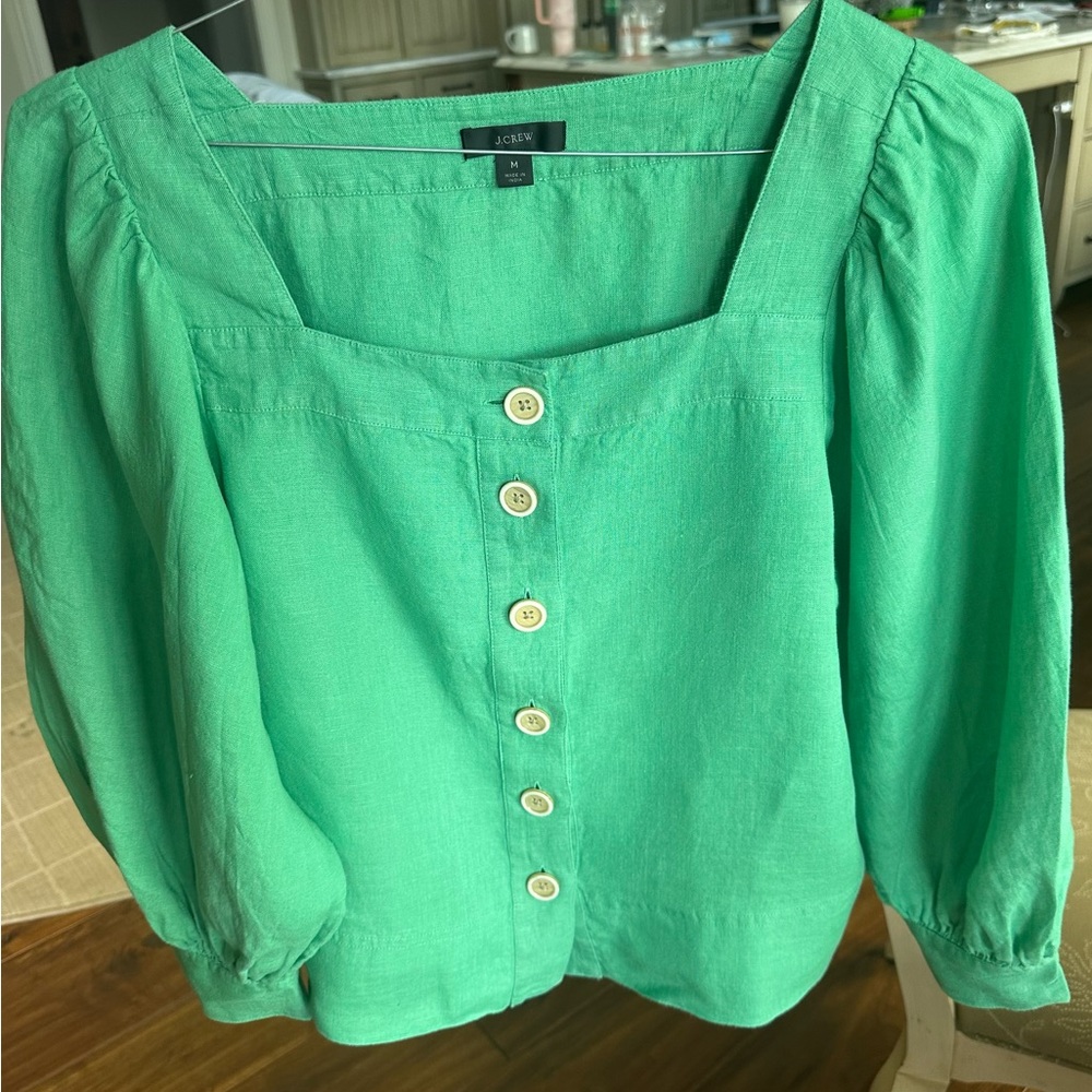 J.Crew 100% Linen Blouse Square Neck  Balloon Sleeve Button Front Green Size MED